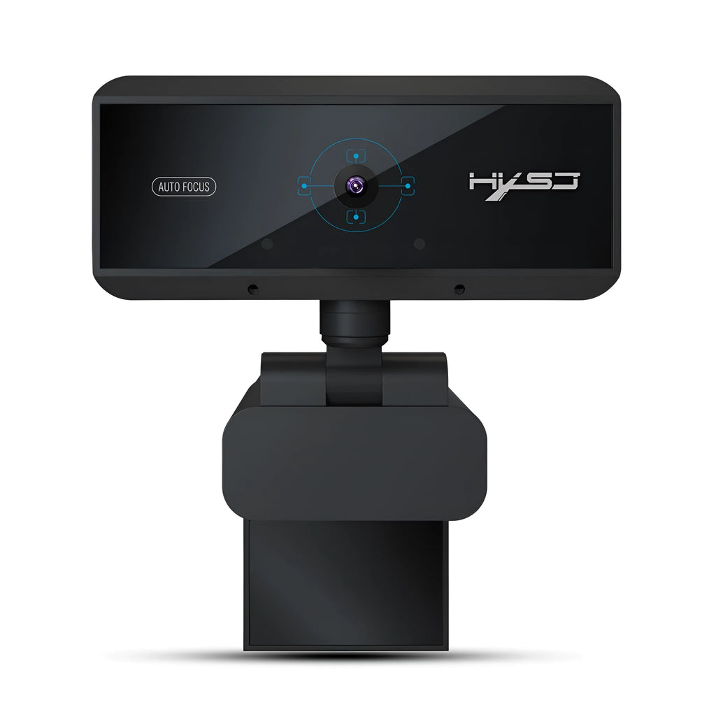 AF black 1080P webcam with auto focus and six-layer glass lens on a desk