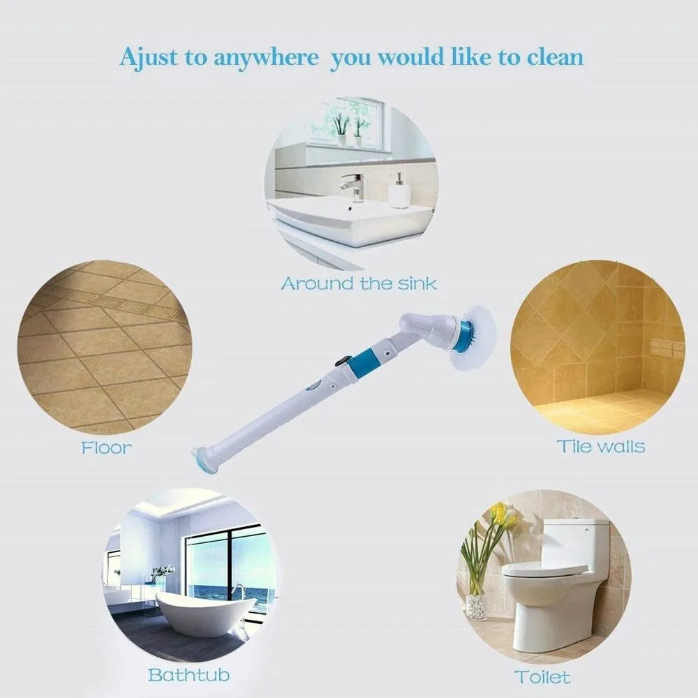 Blue rechargeable electric cleaning brush with retractable handle, three brush heads, and cordless spin scrubber design