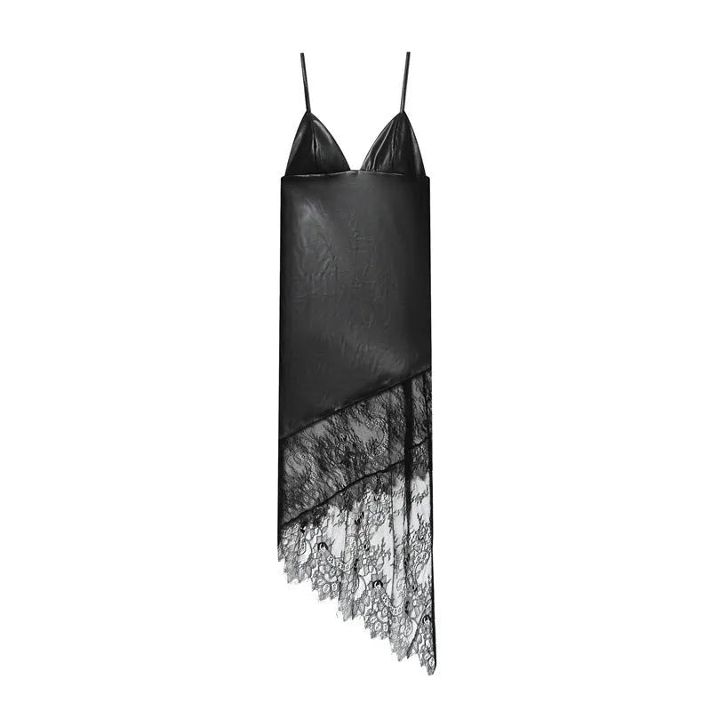 Women's black lace leather suspender dress with asymmetrical short skirt and hood