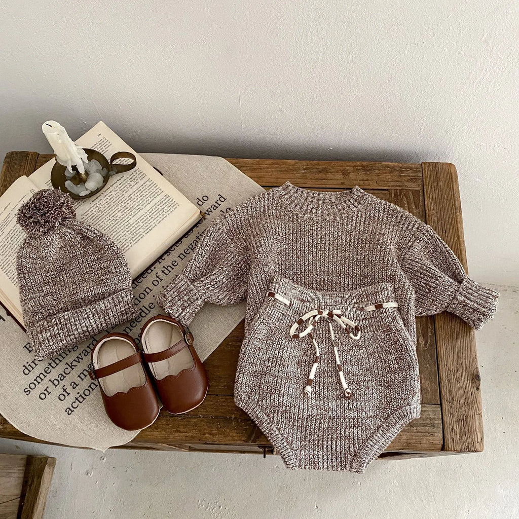 Infant baby girl dark brown cotton three-piece set with blouse, shorts and fur ball knitted hat