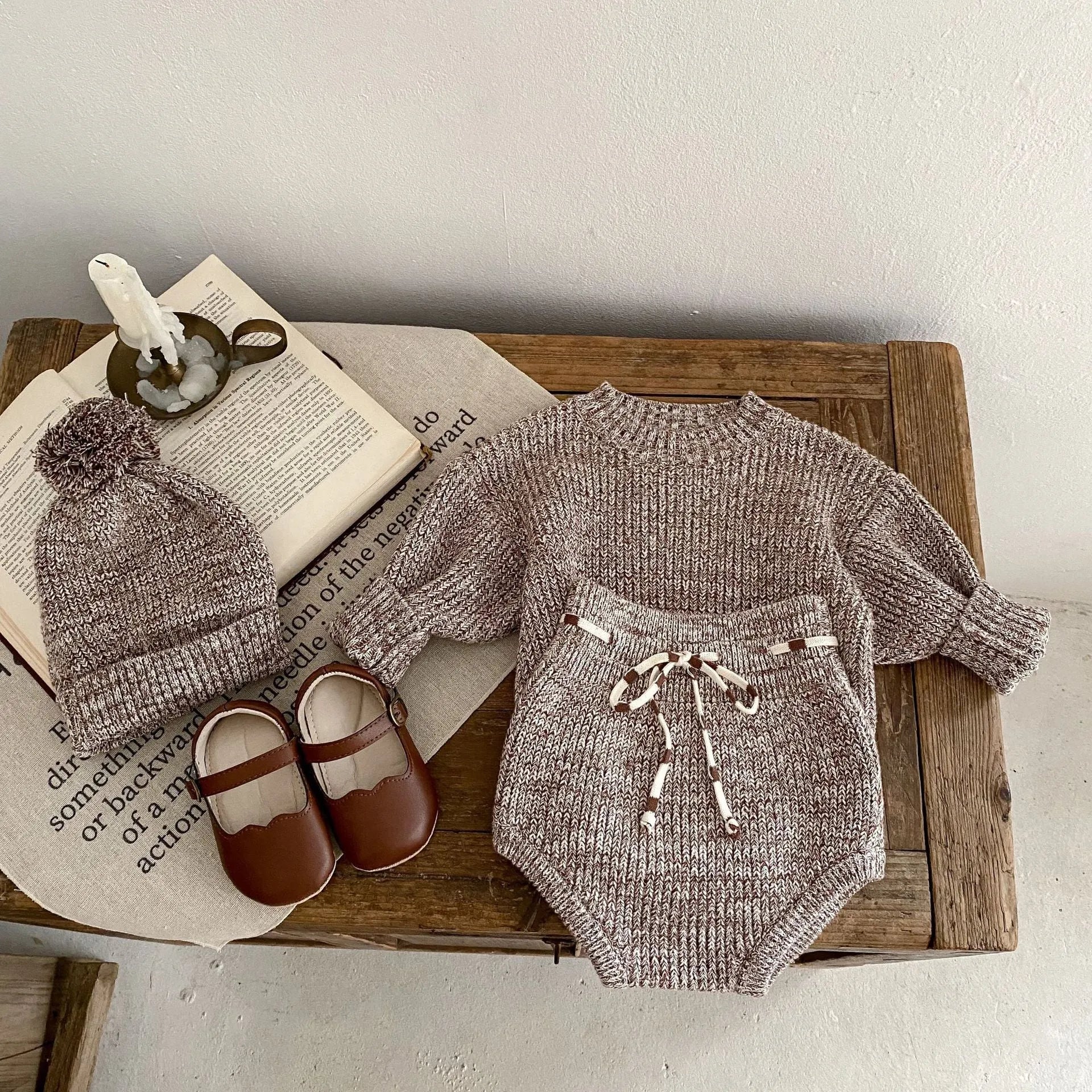 Infant baby girl dark brown cotton three-piece set with blouse, shorts and fur ball knitted hat