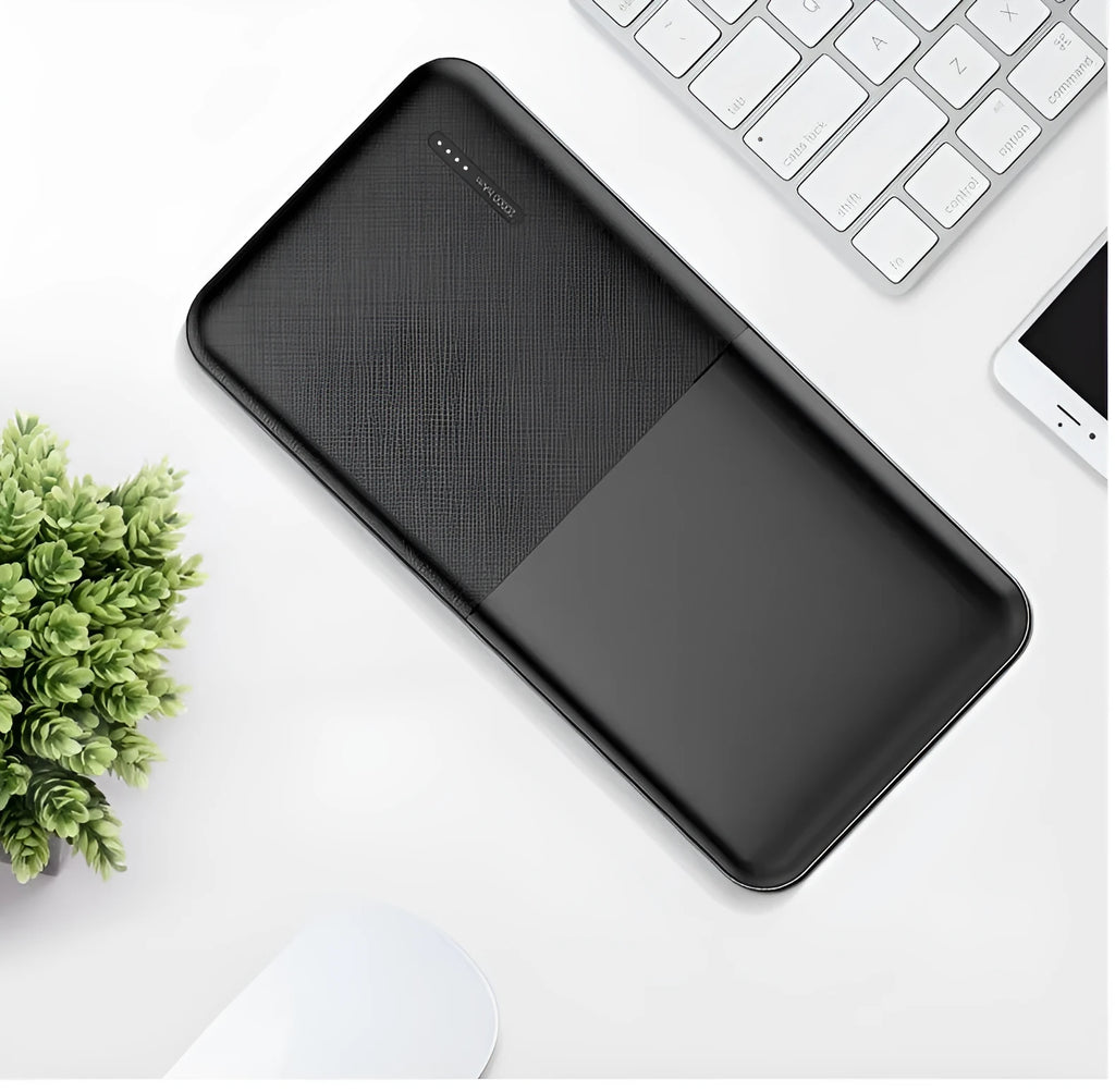 20000mAh black or white power bank with multiple USB ports measuring 140x69x26mm