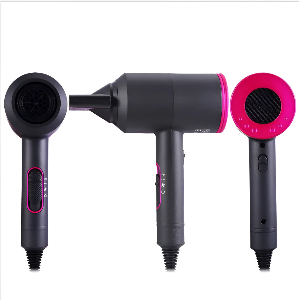 Hammer hair dryer in iron gray with red, AC motor, negative ion, three-speed, hot cold air, overheat protection, diffuser nozzle