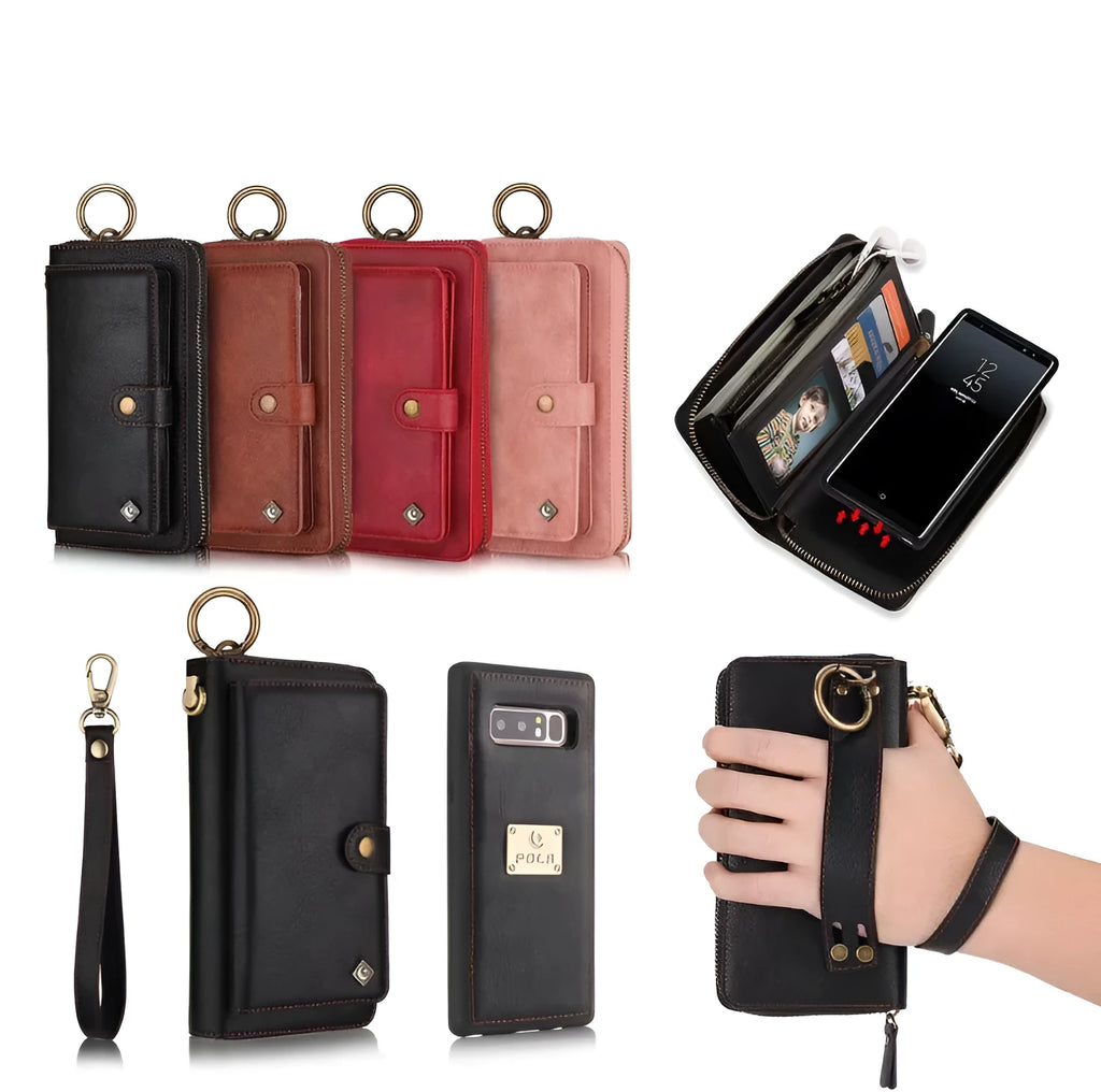 Black imitation leather phone case with a zippered wallet compartment, shown next to a credit card.