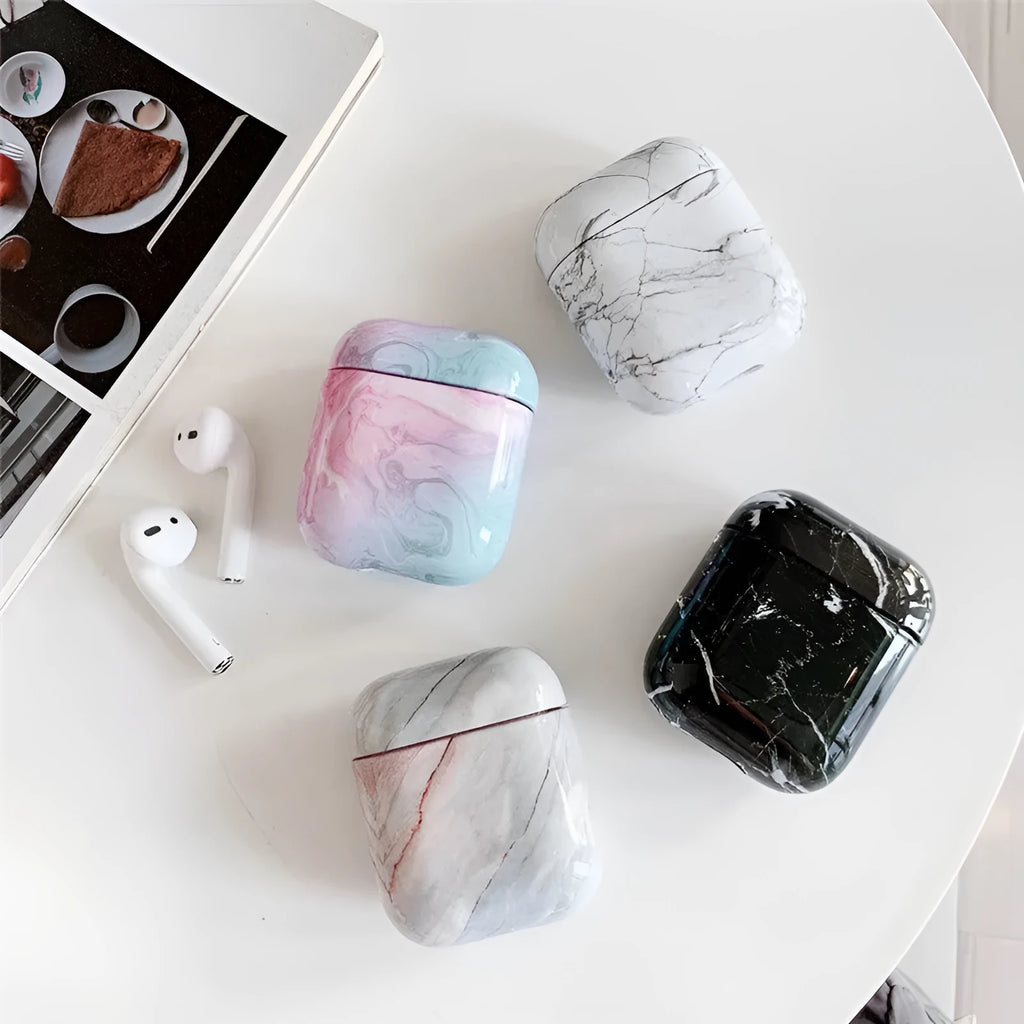 White marble hard PC protective case cover for Apple AirPods 1 and AirPods 2 wireless earphones.