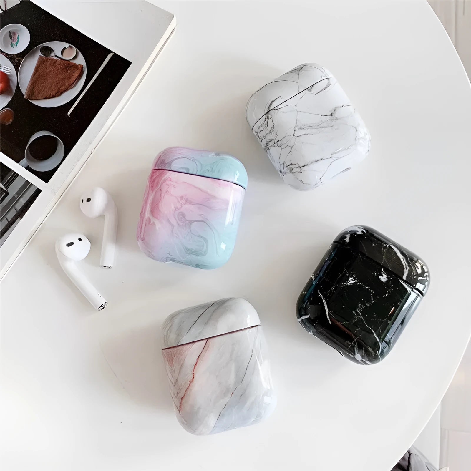 White marble hard PC protective case cover for Apple AirPods 1 and AirPods 2 wireless earphones.