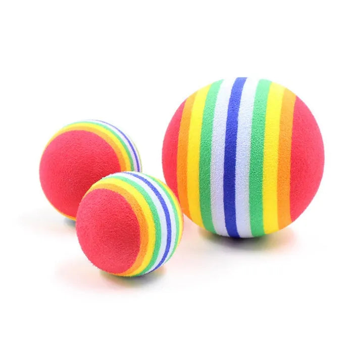 Rainbow interactive cat ball toy in soft EVA foam, 42 mm golf practice ball, yellow red light blue colours