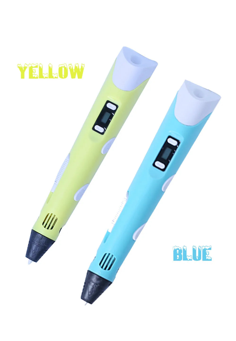Yellow 3D printing pen with 12 colour PLA filament spools and UK power adapter on a white background