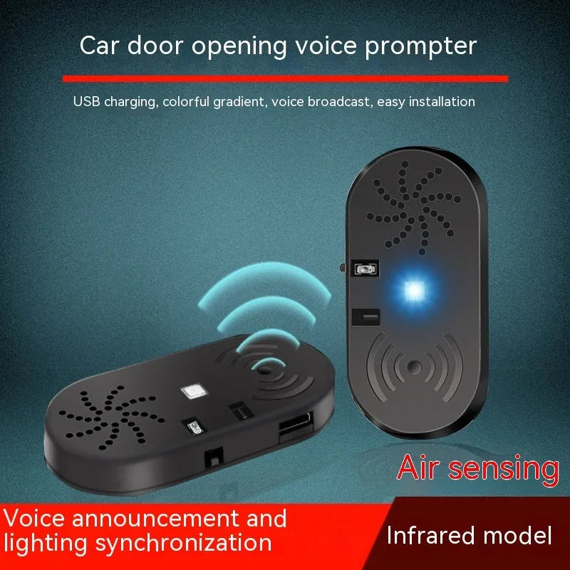 Black ABS plastic car door reminder alarm with infrared sensor and micro USB port.