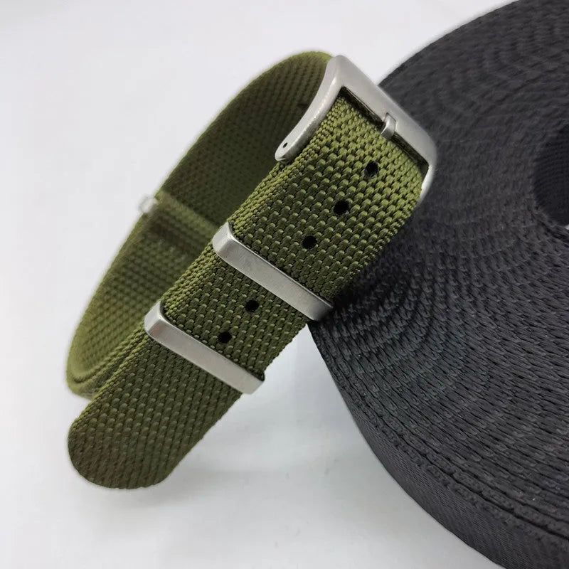 Nylon integrated watch strap in Army Green colour, shown alongside Black, Blue, Khaki, and Gray options.