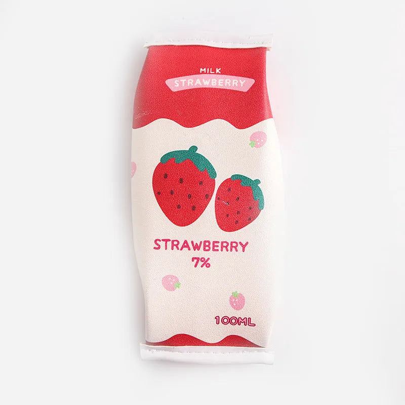 Strawberry milk carton shaped leather pencil case with cartoon strawberry pattern