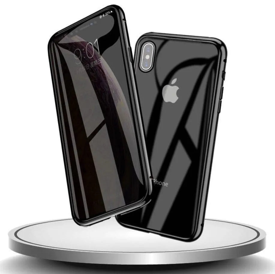 Machined glass clamshell anti-spy phone case in black, shown closed and open next to an iPhone.