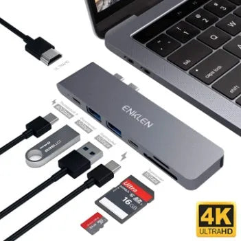 Aluminium USB C hub adapter with SD card reader, HDMI, Thunderbolt 3 and USB 3.0 ports
