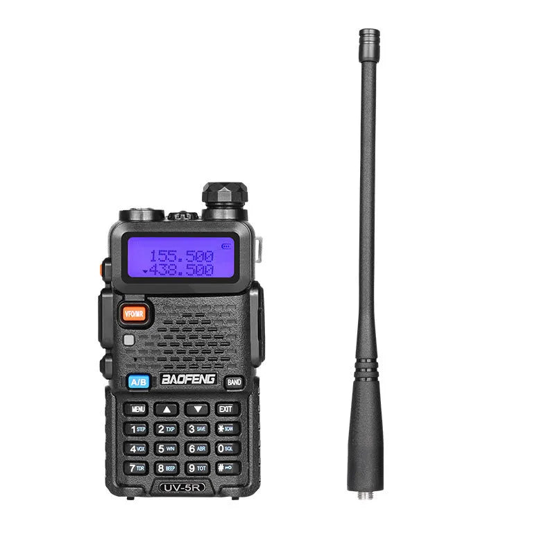 Professional black walkie talkie with antenna showing dual-band UHF VHF operation and 128 channel capacity