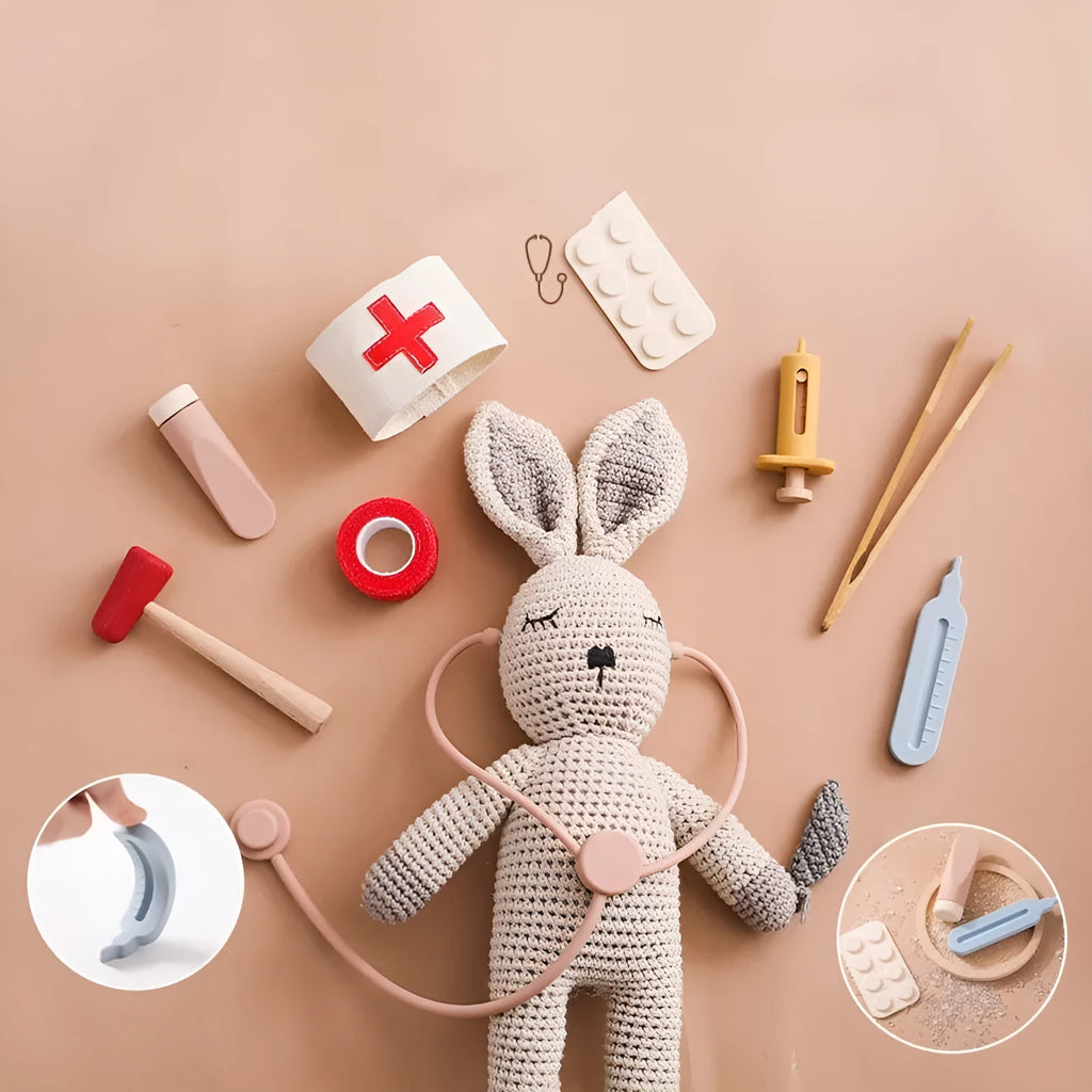 Wooden children's doctor play set with stethoscope and medical tools in cloth bag packaging