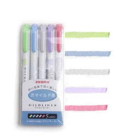 Zebra Mildliner double-sided highlighters, 5-pen set with water-based ink and chisel and bullet tips