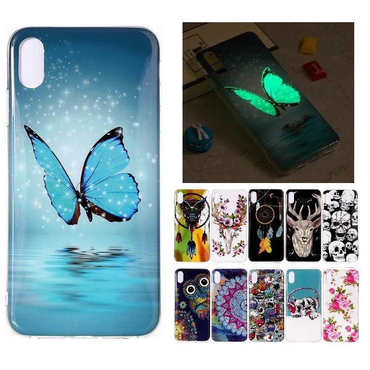 Luminous glow-in-the-dark TPU iPhone case with a cartoon butterfly design on the back.
