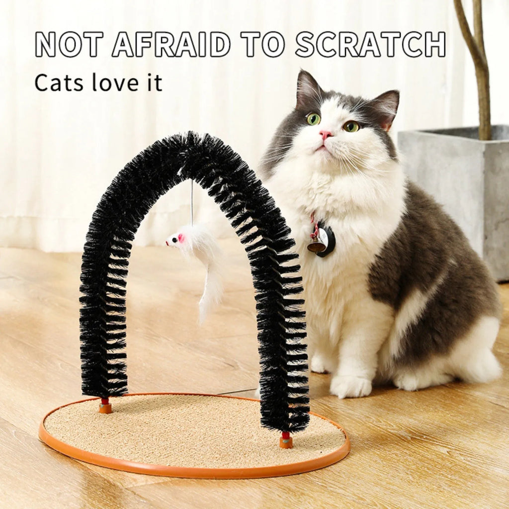 Black arch-shaped cat grooming brush with attached mouse toy on non-slip base