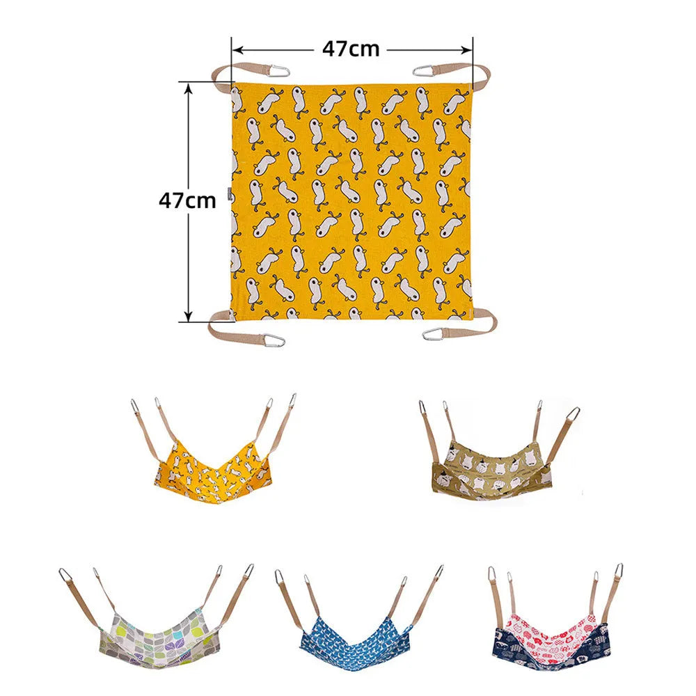 Yellow cotton linen cat hammock with metal hanging hook, shown suspended.
