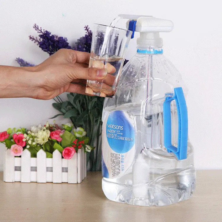 Electric pumping water device with blue press handle and long silicone straw for dispensing drinks.