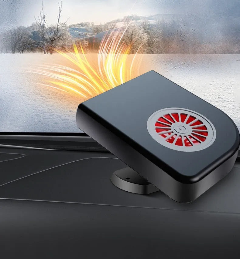 Black compact vehicle-mounted heater with adjustable vents on a car dashboard.