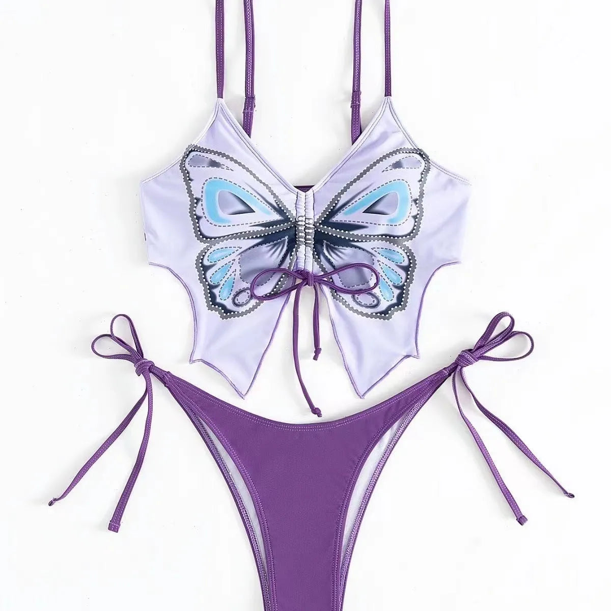 Women's purple bikini set with bow style top and high-cut briefs for swimming and fitness