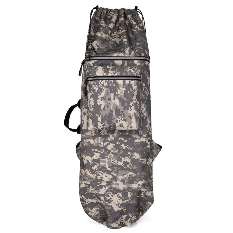 Black waterproof nylon bag for carrying a skateboard and fishing rods on a shoulder strap.
