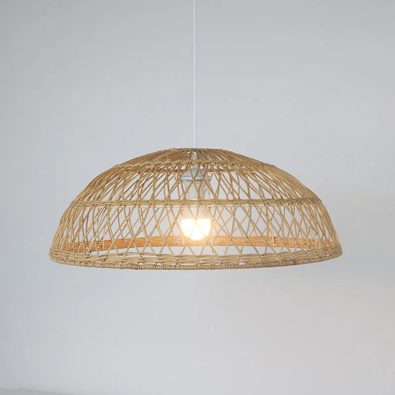Handwoven bamboo chandelier, 60cm diameter, natural finish, hanging from ceiling