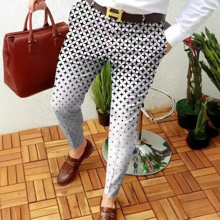 Men's slim-fit plaid casual trousers with 3D printed pattern and straight leg design
