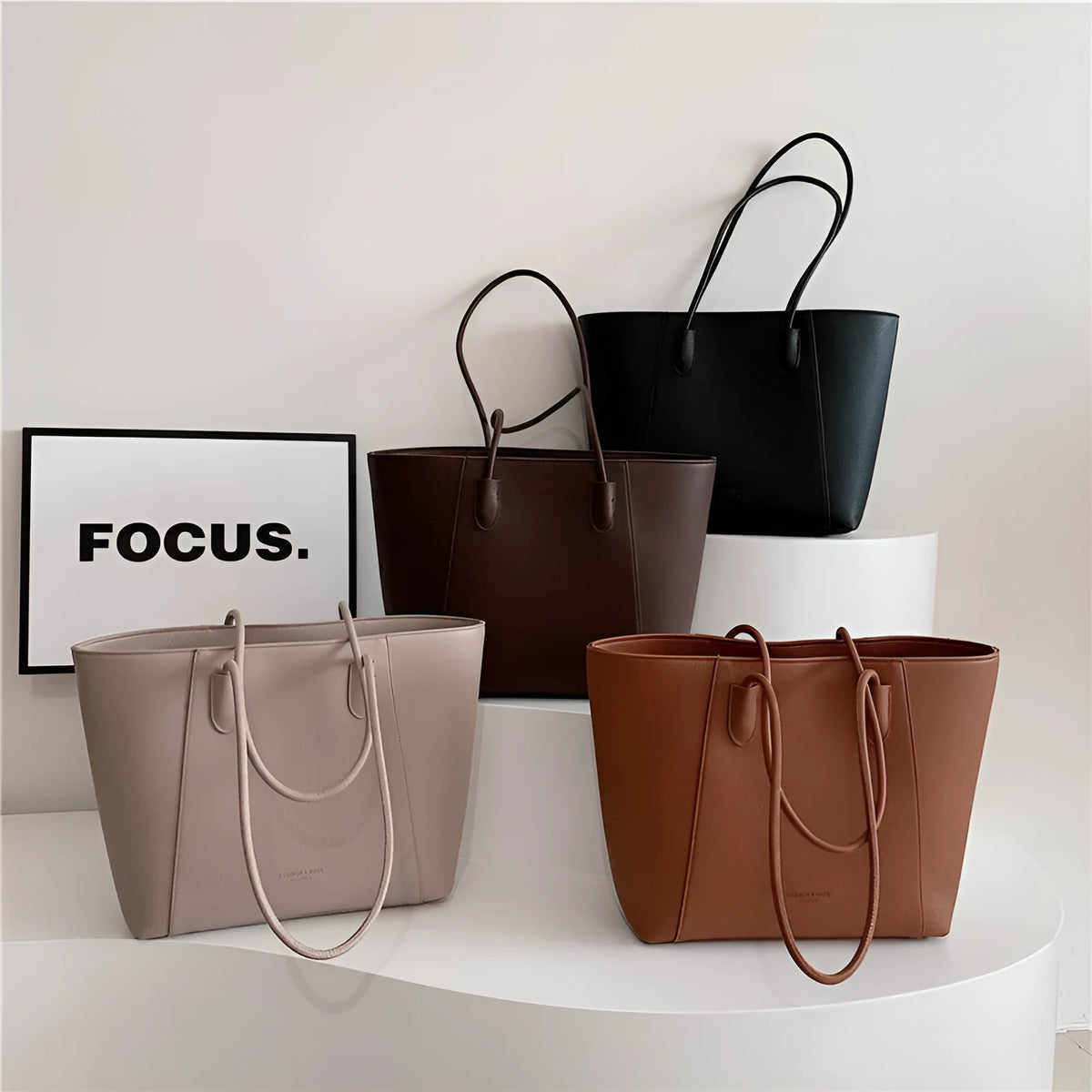 Soft PU leather bucket tote bag in black brown coffee or khaki with sandwich pocket and zipper change bag