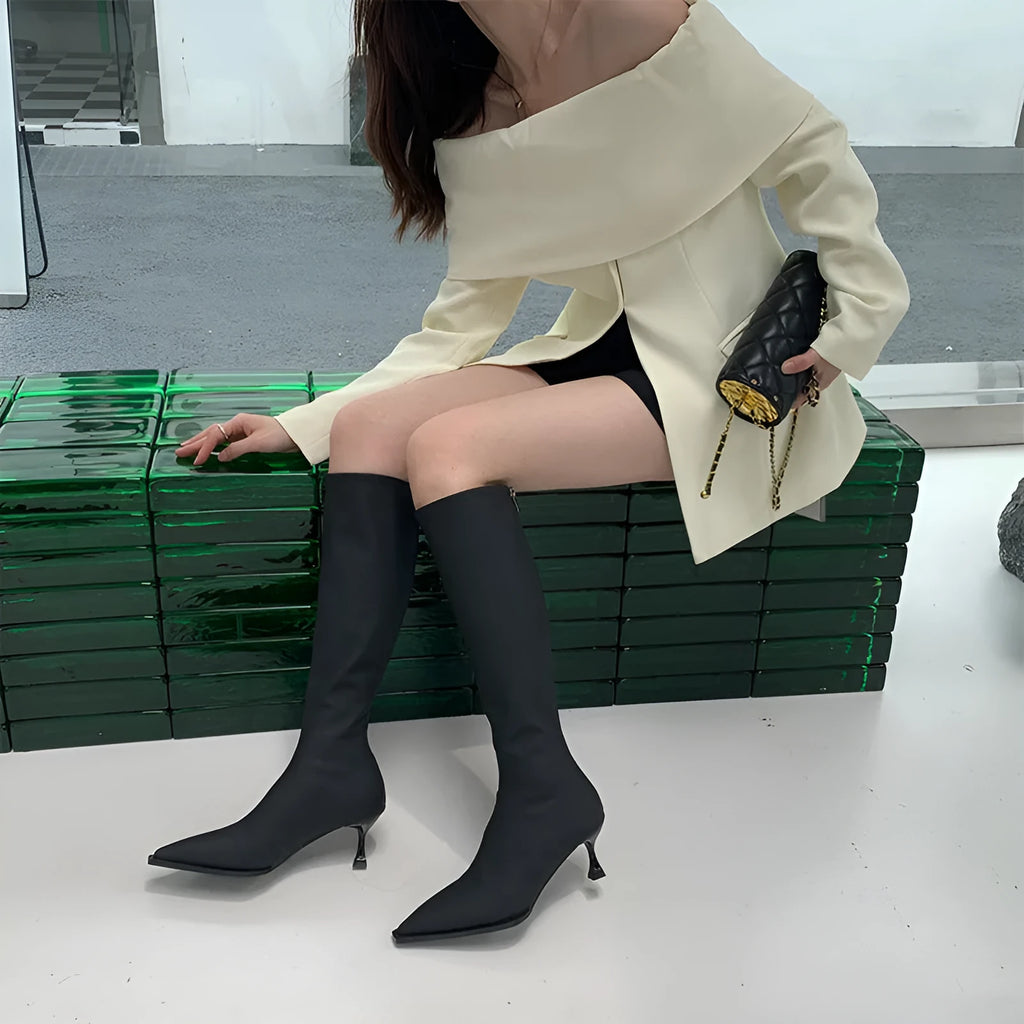Black pointed-toe below-knee women's boots with a stiletto heel and a visible back zip on a neutral background.