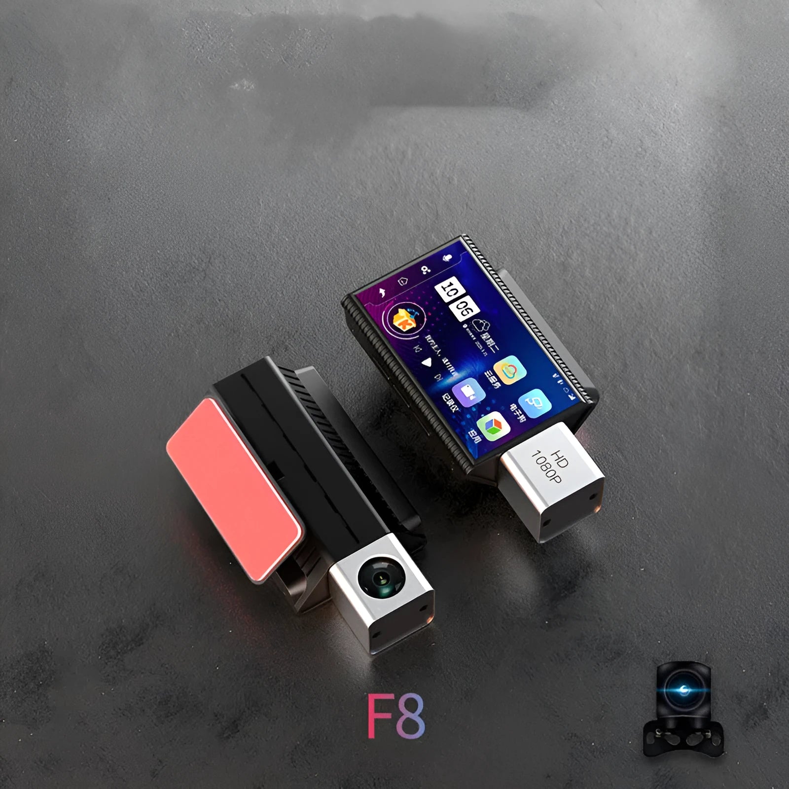 Black 4G front and rear dash cam for cars with touch screen display