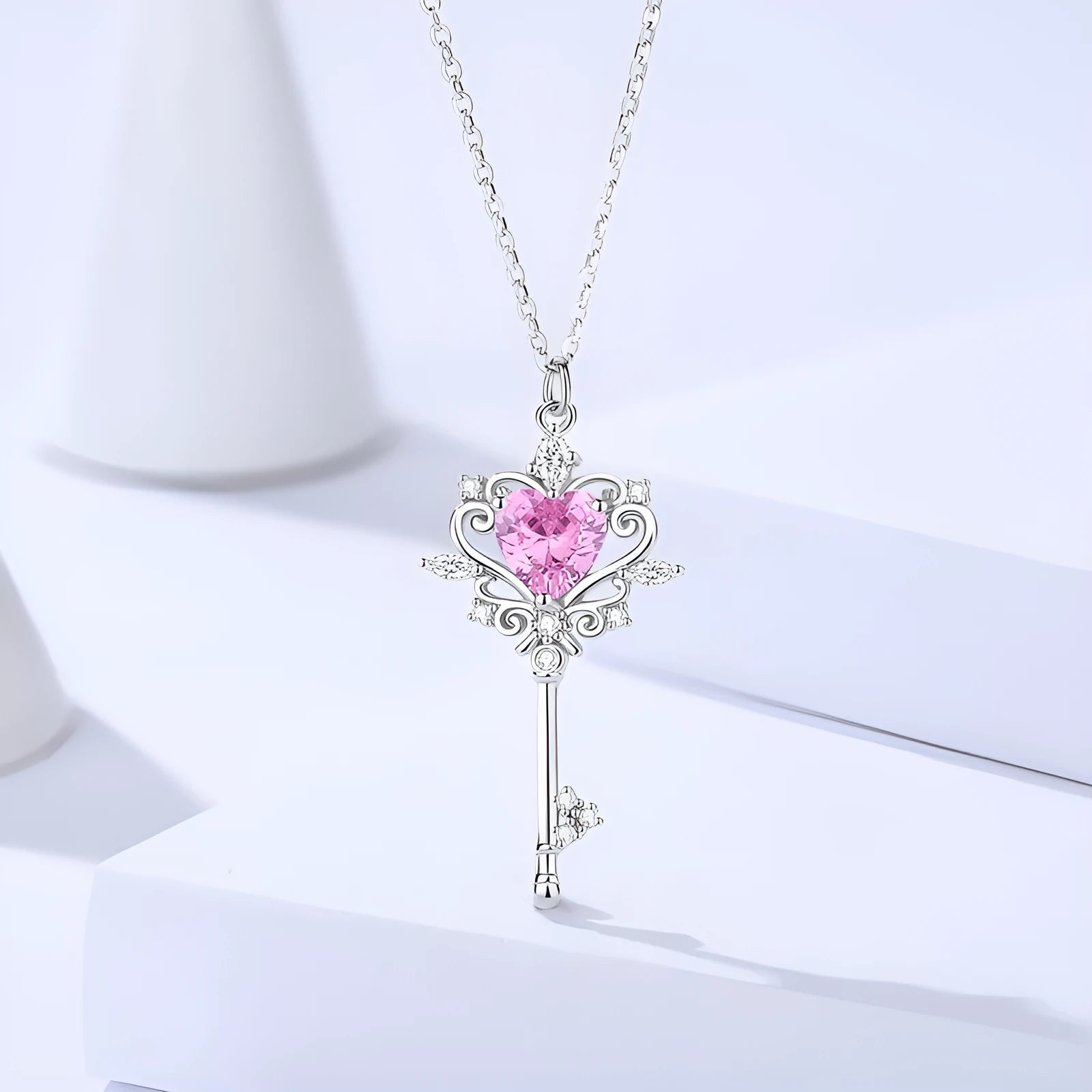 S925 sterling silver guard key necklace with zircon inlay on cross chain, blue colour option