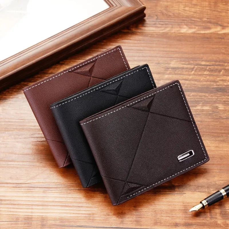 Men's three-fold horizontal PU leather wallet with multiple card slots in black, brown or dark coffee