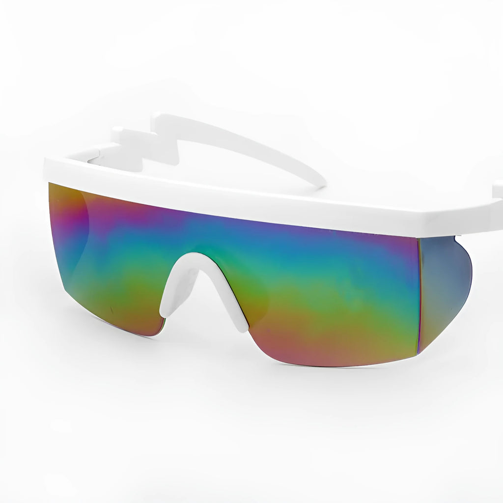 Sports sunglasses with curved foot piece design and colourful lens options