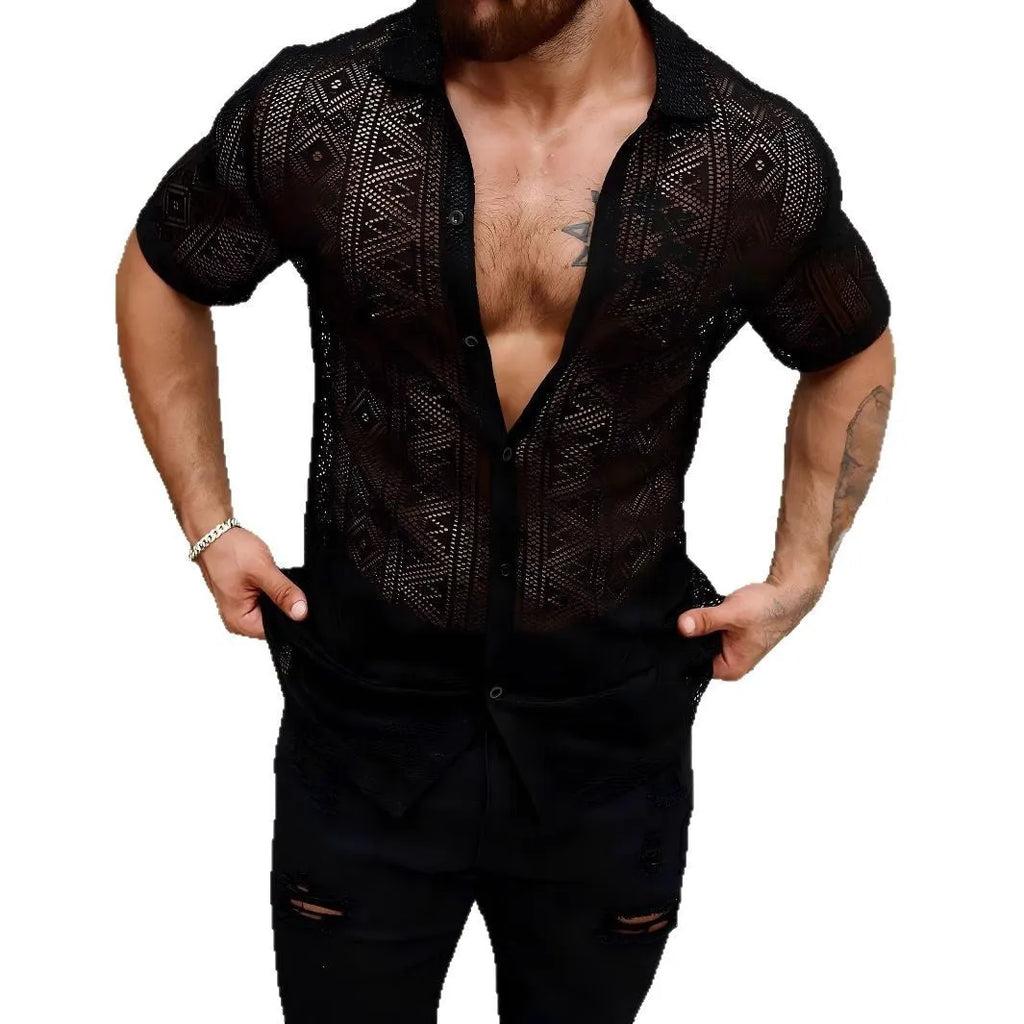 Men's black lace transparent short-sleeved polyester shirt cardigan on a model, front view