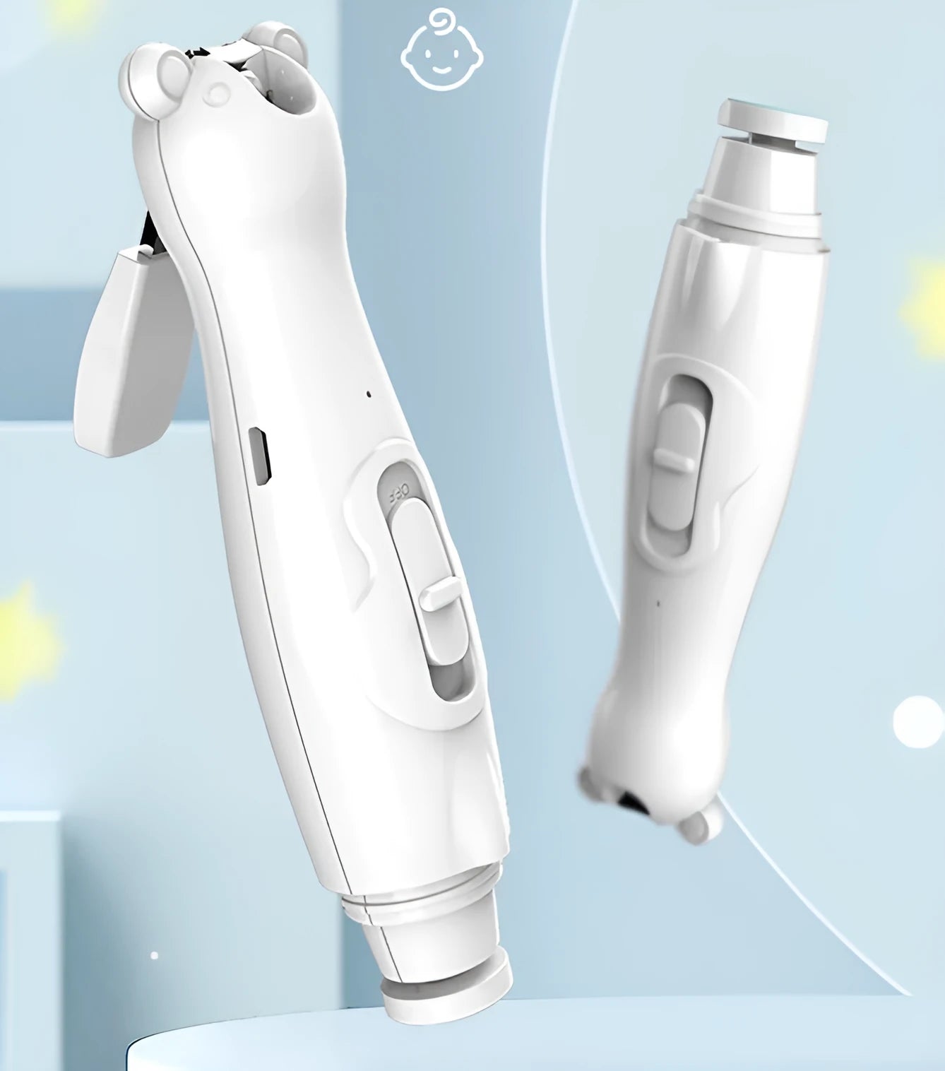 Electric baby nail clippers file trimmer with 6 grinding heads, white and green colour options, ABS shell