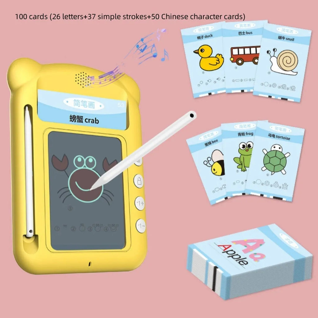 Yellow Creative Stick Figure Early Learning Machine with educational cards for bilingual child development