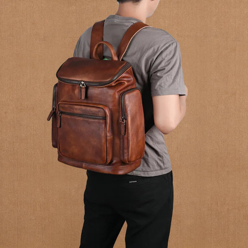 Genuine leather 14 inch men's backpack in light brown with retro patchwork and polyester cotton lining