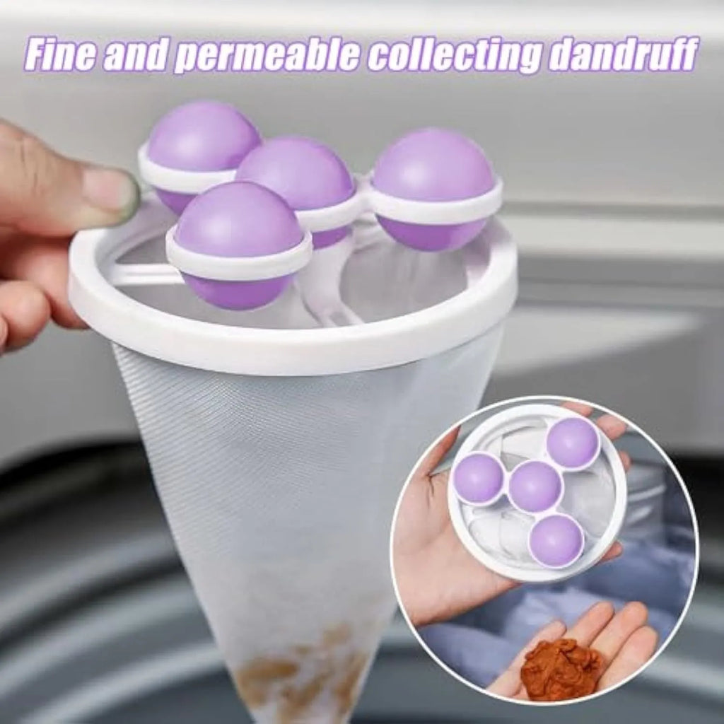Set of three reusable pink blue and purple washing machine hair filter bags for pet lint removal.