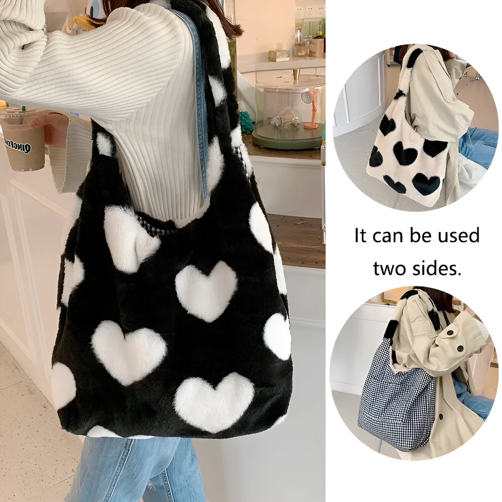Love heart double side plush shoulder bag in beige with soft handle and double straps