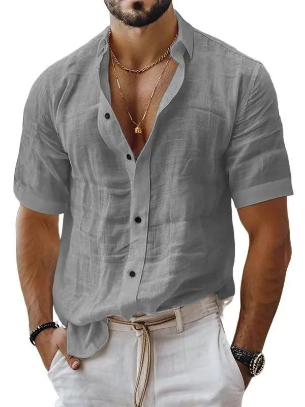 Men's short sleeve lapel shirt in a solid colour, showing cardigan style and polyester fabric.