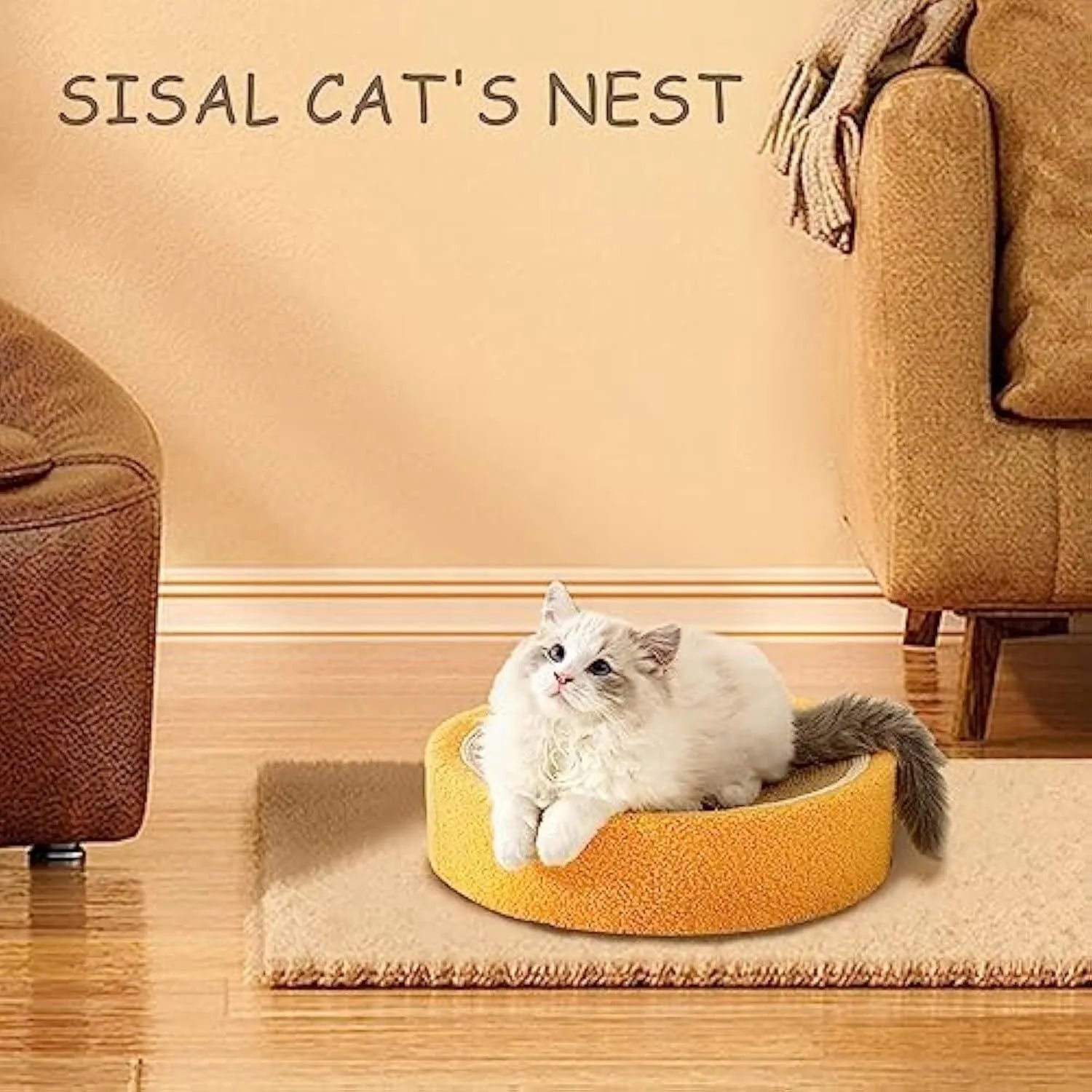 A round yellow fruit-themed cat scratching board and bed made from sisal material.
