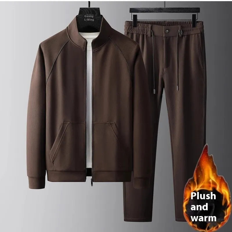 Slim fit stand collar casual sports suit set in black, black velvet, or coffee colour.