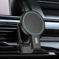Magnetic absorption wireless charger in black and white showing compact design with charging cable