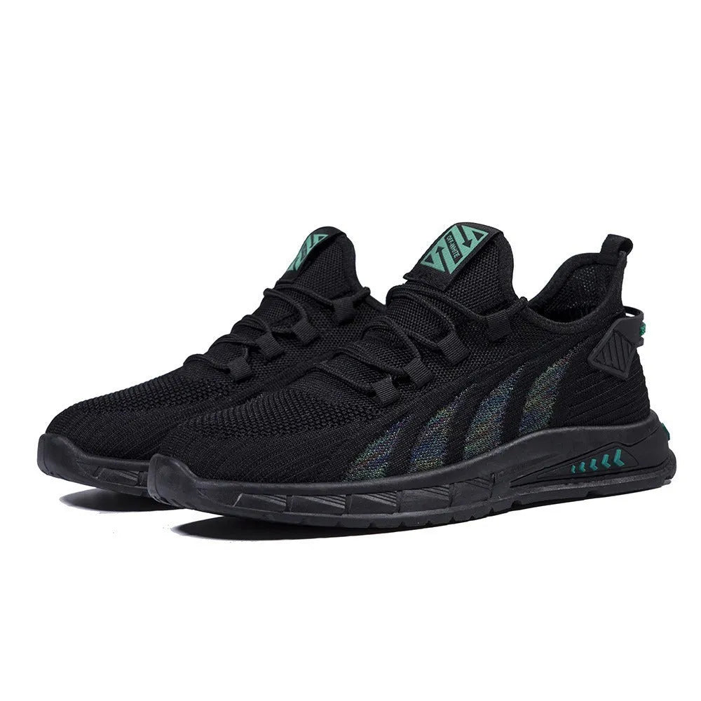 Low-top striped mesh sneaker with flat plastic sole in black colour