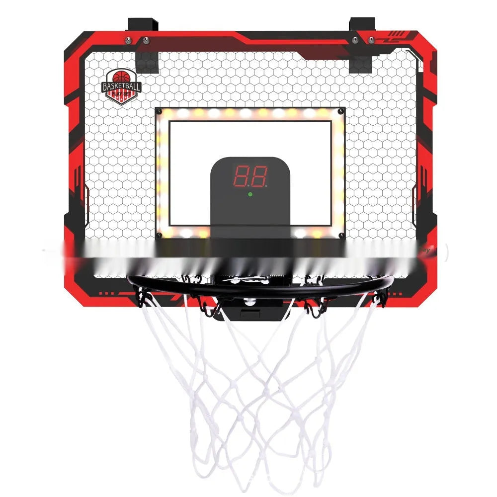 Red and blue folding basketball frame with dunk scoring panel and suction cup mount.