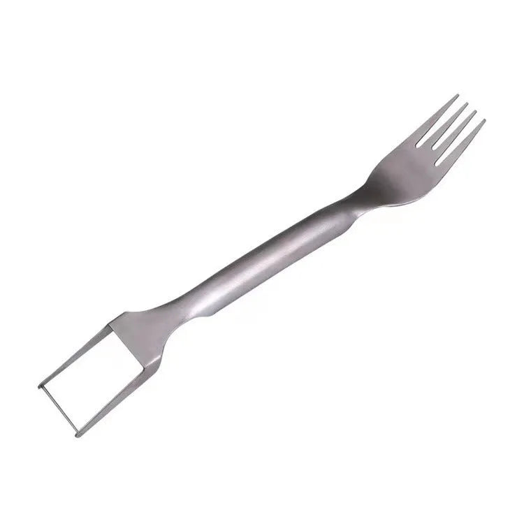 Stainless steel watermelon slicer and fork tool on a kitchen counter