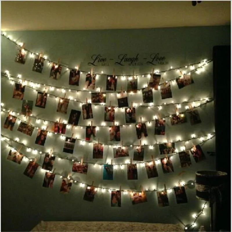 LED photo holder string lights with clips, 160cm/300cm, warm white or colourful bulbs, battery powered