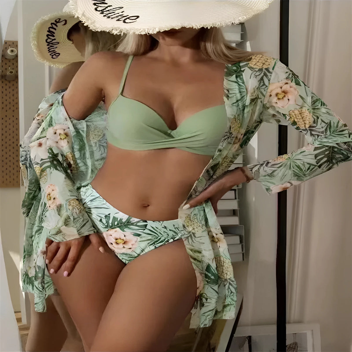 European and American three-piece swimsuit set with blouse, bra, and pants in polyester, available in multiple colours